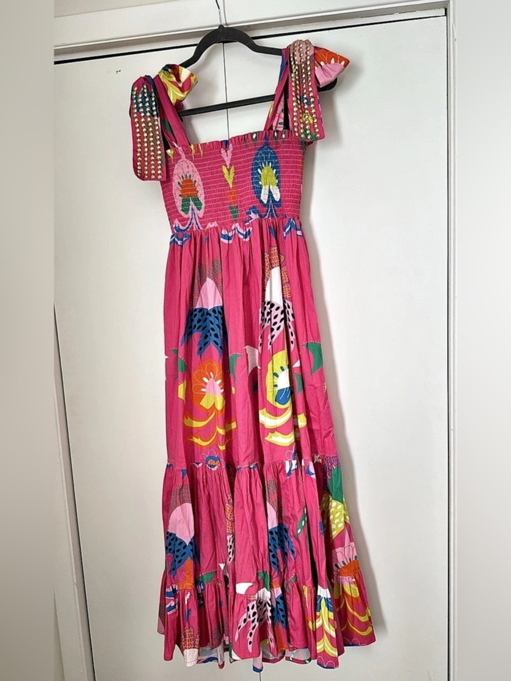 Sheridan French Kelly Maxi Dress Smocked Tiered Pink Floral Resort Boho Size L - Picture 2 of 5
